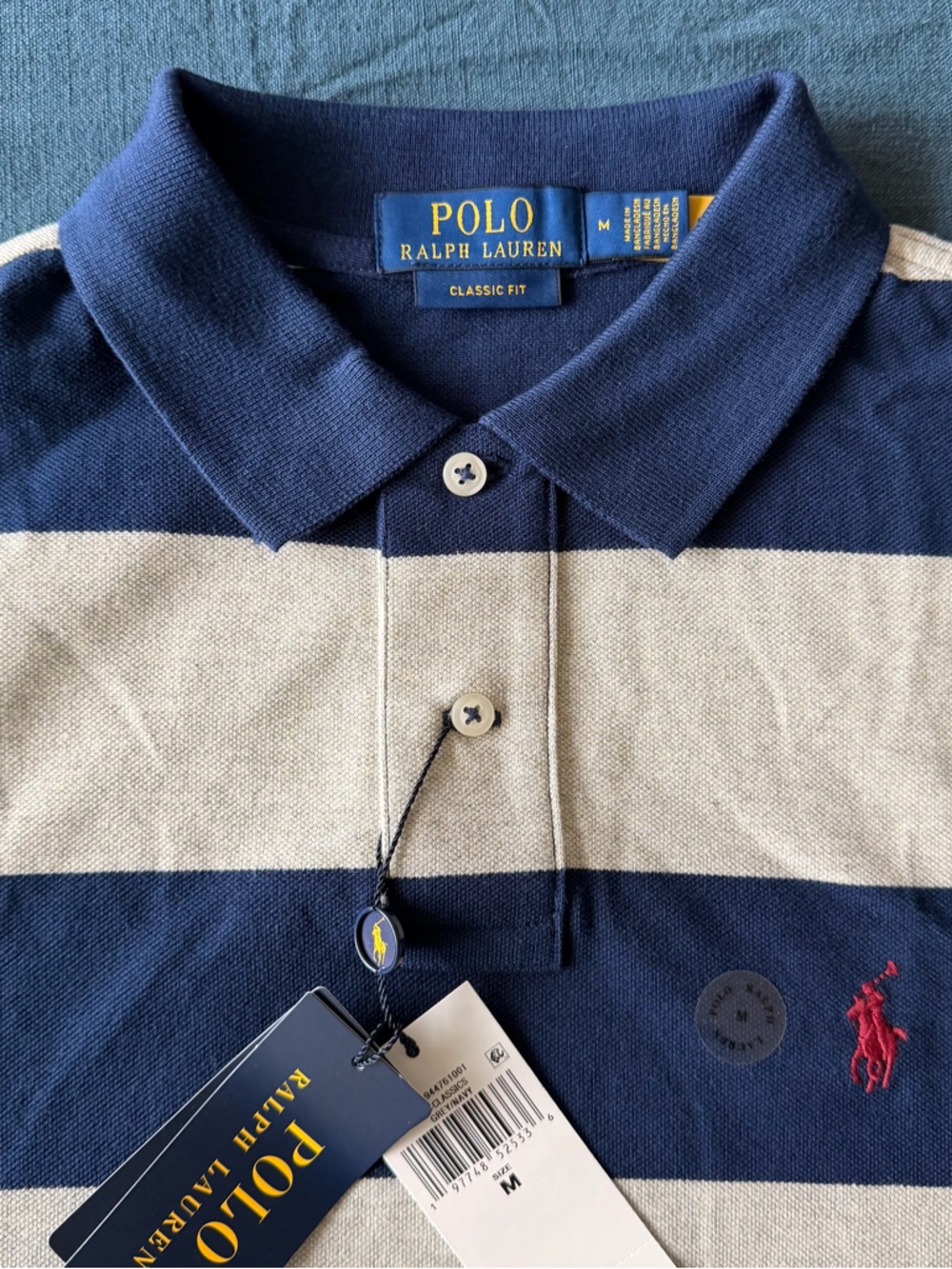 Polo by Ralph Lauren Navy and Light Gray Striped Classic Fit Polo